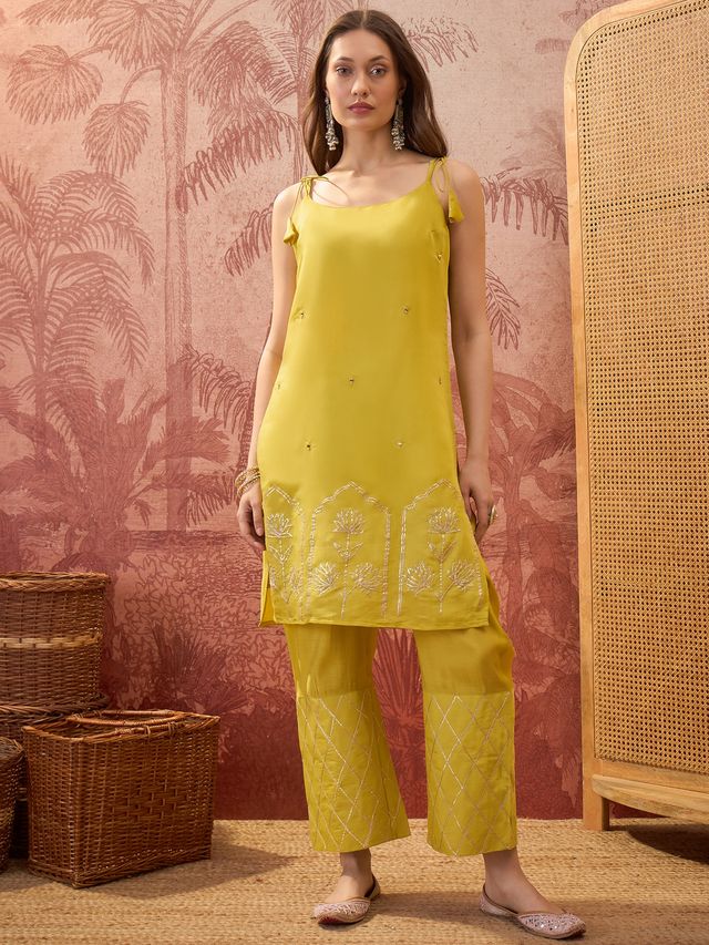Parrot Green Gota Work  Shoulder Straps Straight Kurta With Trouser Kurta Set
