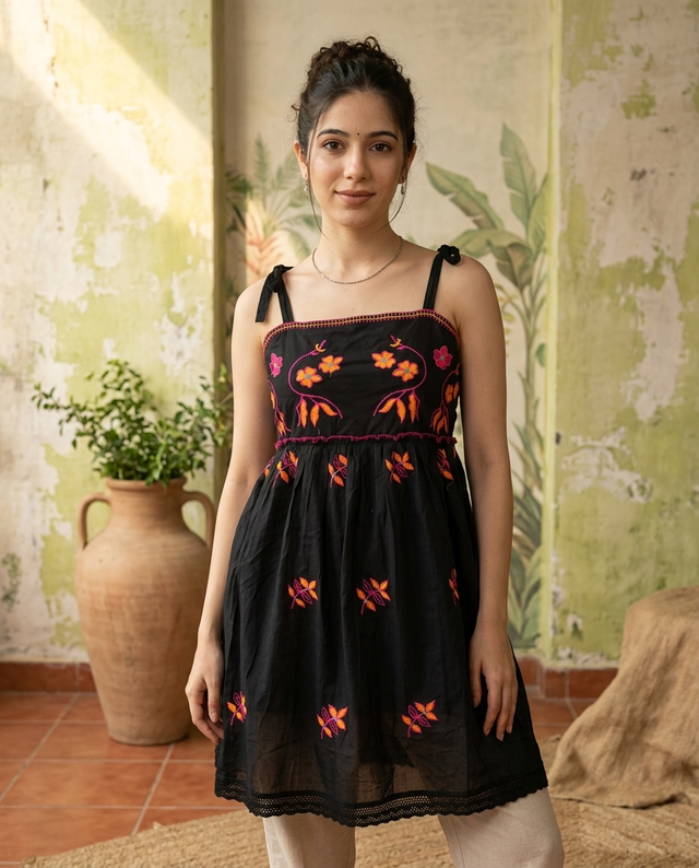 Floral Embroidered Thread Work A-Line Midi Dresss