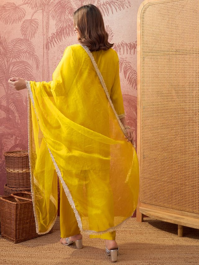 Floral Embroidered & Sequinned Straight Kurta With Trouser & Dupatta Kurta Set