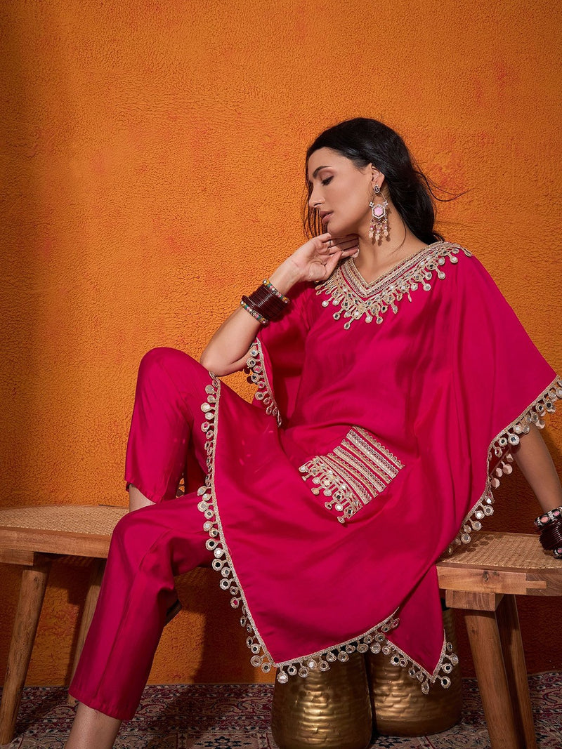Embroidered  V-Neck Mirror work Kaftan With Trousers
