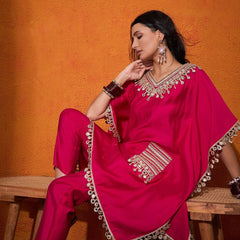 Embroidered  V-Neck Mirror work Kaftan With Trousers