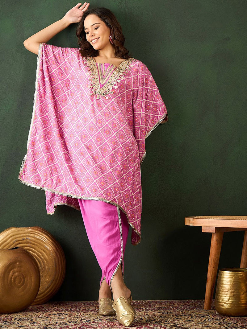Bandhani Printed Gotta Patti Asymmetric Kaftan With Dhoti Pant