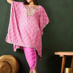 Bandhani Printed Gotta Patti Asymmetric Kaftan With Dhoti Pant