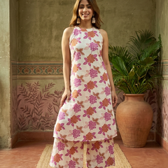 Off White Floral Printed Sleeveless A-Line Kurta With Palazzo Kurta Set