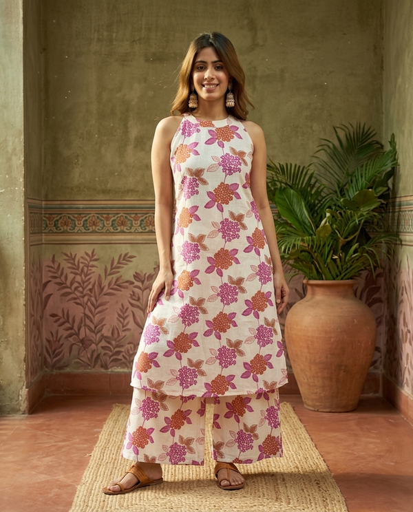 Off White Floral Printed Sleeveless A-Line Kurta With Palazzo Kurta Set