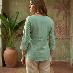 Mint Green Pure Cotton Ethnic Motifs Embroidered A-Line Short Kurti