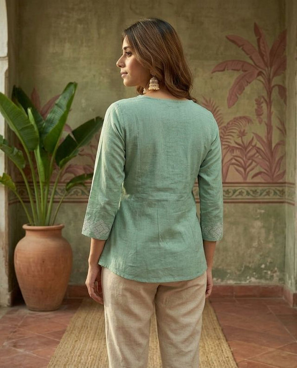 Mint Green Pure Cotton Ethnic Motifs Embroidered A-Line Short Kurti