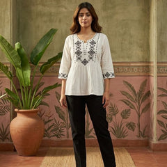 Off White Green Pure Cotton Ethnic Motifs Embroidered A-Line Short Kurti