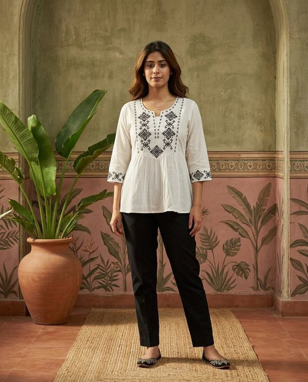 Off White Green Pure Cotton Ethnic Motifs Embroidered A-Line Short Kurti