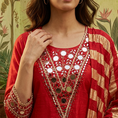 Floral Embroidered & Mirror Work Straight Kurta With & Farsi Salwar & Dupatta
