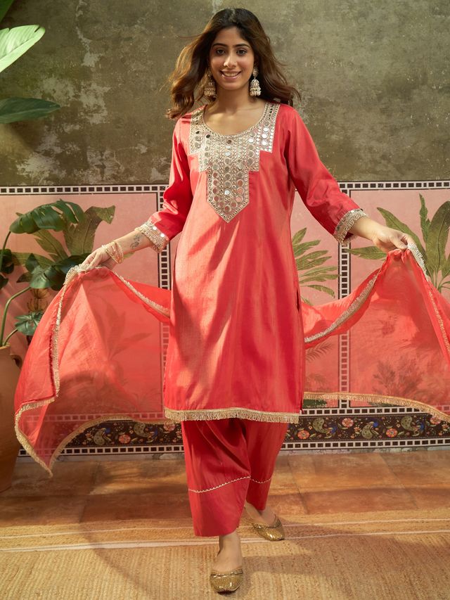 Floral Embroidered & Sequin Work Kurta With Farshi Salwar & Dupatta Kurta Set