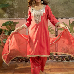 Floral Embroidered & Sequin Work Kurta With Farshi Salwar & Dupatta Kurta Set