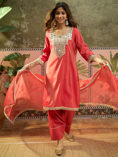 Floral Embroidered & Sequin Work Kurta With Farshi Salwar & Dupatta Kurta Set