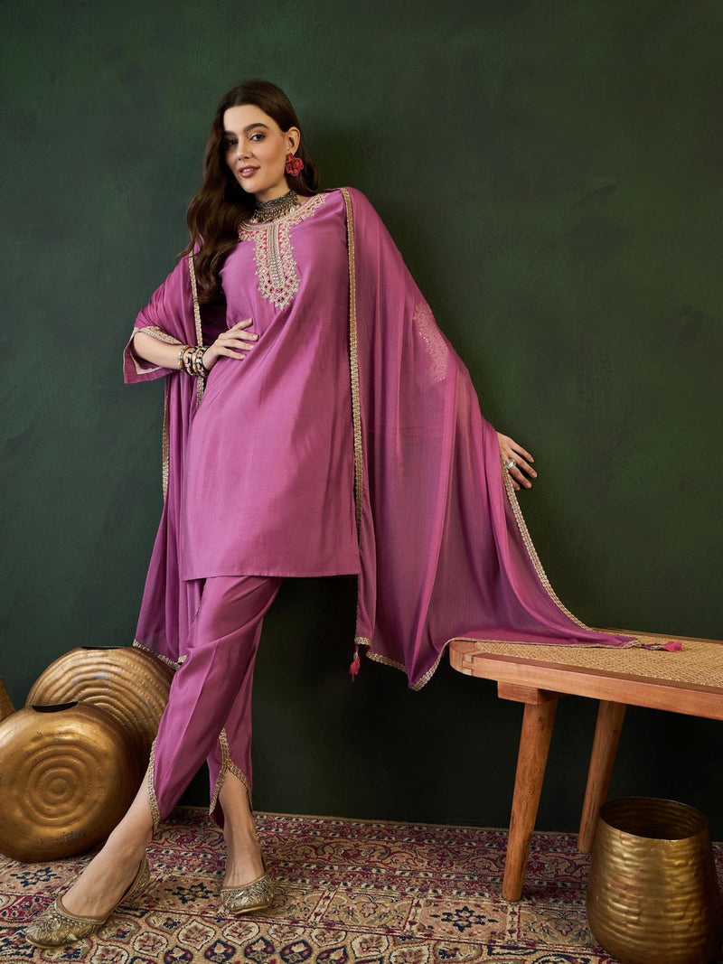 Purple Embroidered Mirror Work Round Neck Kurta With Dhoti Pants And Dupatta
