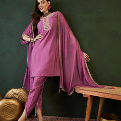 Purple Embroidered Mirror Work Round Neck Kurta With Dhoti Pants And Dupatta