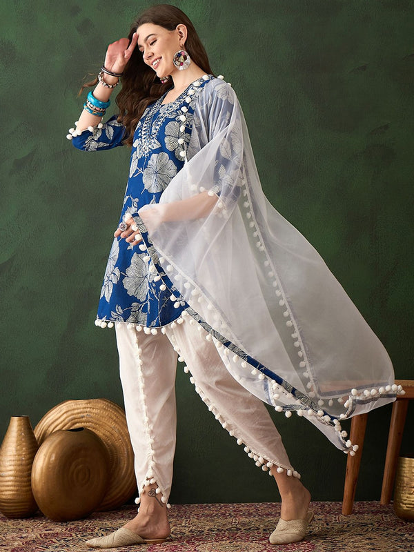 Blue Floral Printed Mirror Work Pure Cotton Kurta With Dhoti Pant & Dupatta