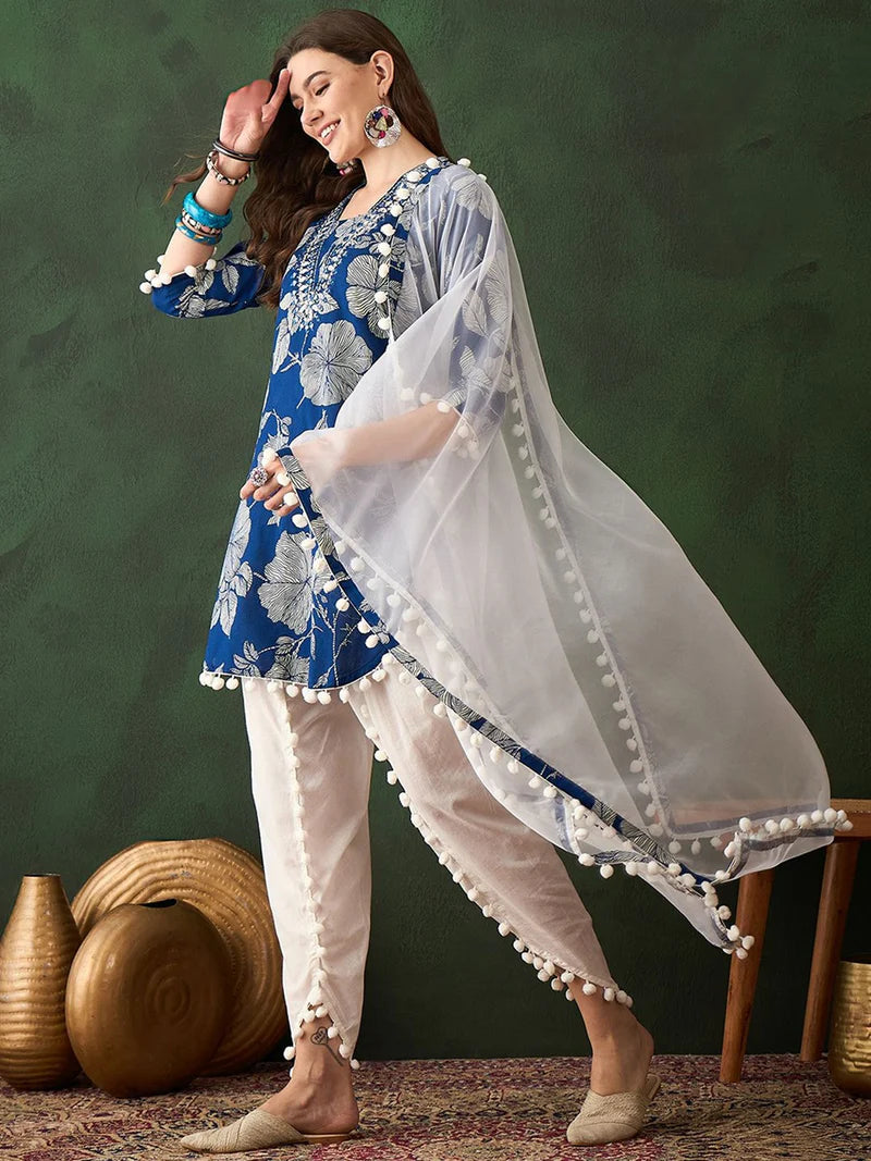 Floral Printed Mirror Work Pure Cotton Kurta With Dhoti Pant & Dupatta