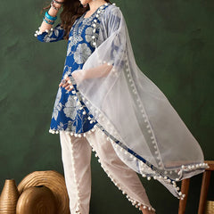 Floral Printed Mirror Work Pure Cotton Kurta With Dhoti Pant & Dupatta