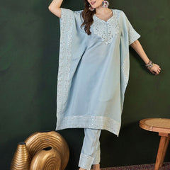 Turquoise Blue Geometric Embroidered Mirror Work Roman Silk Kurta With Trouser
