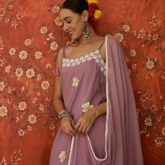 Peach Floral Embroidered Shoulder Straps Kurta With Trouser & Dupatta Kurta Set