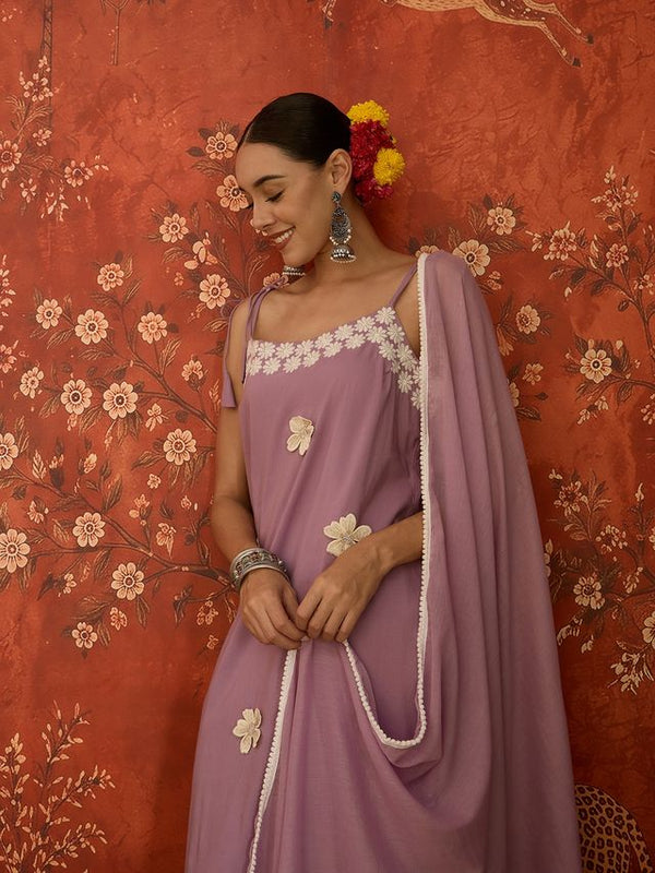 Purple Floral Embroidered Shoulder Straps Kurta With Trouser & Dupatta Kurta Set