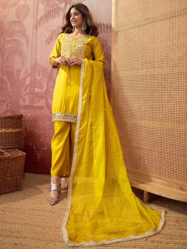 Floral Embroidered & Sequinned Straight Kurta With Trouser & Dupatta Kurta Set