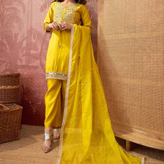 Floral Embroidered & Sequinned Straight Kurta With Trouser & Dupatta Kurta Set