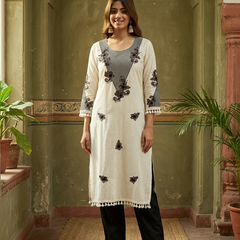 Off White Floral Printed Straight Kurtas