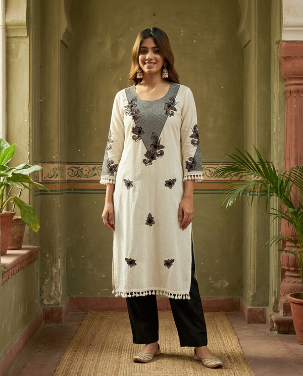 Off White Floral Printed Straight Kurtas