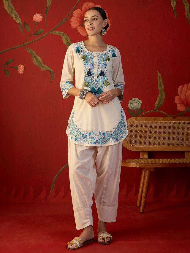 White Floral Embroidered Tunic With Farshi Salwar  Co-Ords Set