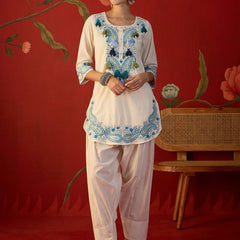 White Floral Embroidered Tunic With Farshi Salwar  Co-Ords Set
