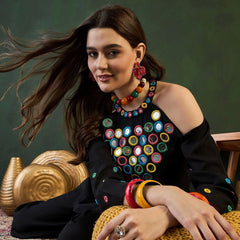 Embroidered Halter Neck Kurta & Palazzo With Bag