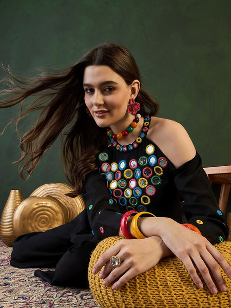 Embroidered Halter Neck Kurta & Palazzo With Bag