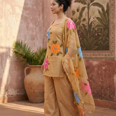 Beige Hand Block Print & Mirror Work Sholder Strap Kurta With Sharara & Dupatta