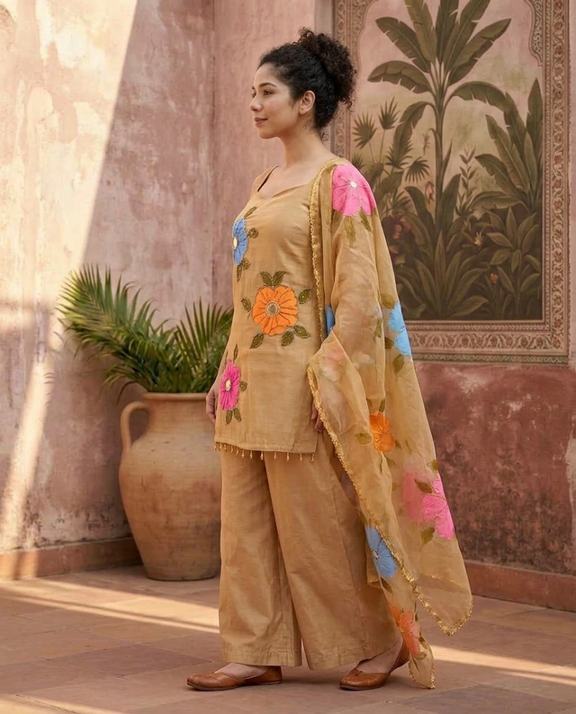 Beige Hand Block Print & Mirror Work Sholder Strap Kurta With Sharara & Dupatta