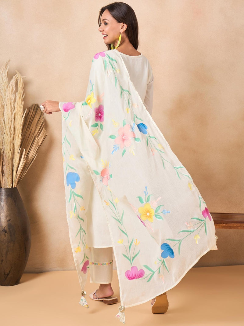 Floral Embroidered Pure Cotton Kurta With Trousers And Dupatta