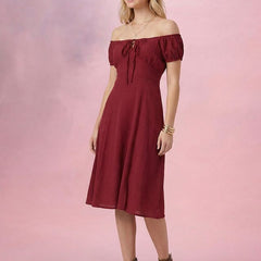 Maroon Off-Shoulder A-Line Midi Dress