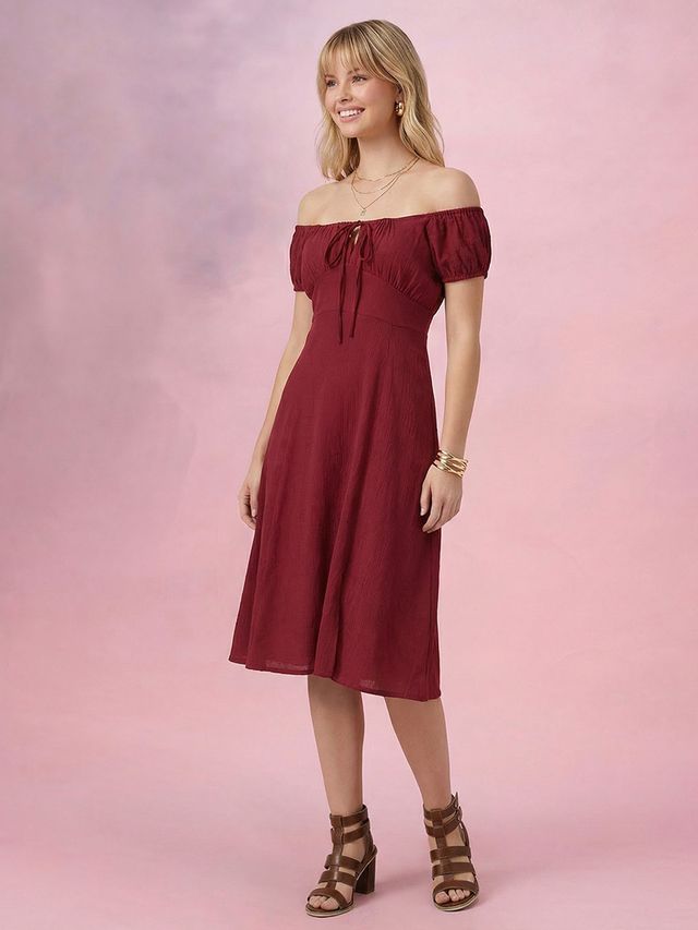 Maroon Off-Shoulder A-Line Midi Dress