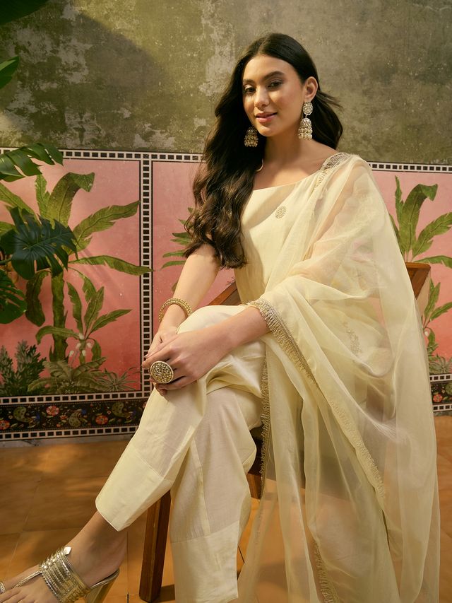 Off White Embroidered & Sequin Work Shoulder Straps  Kurta With Trouser & Dupatta Kurta Set