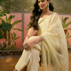 Off White Embroidered & Sequin Work Shoulder Straps  Kurta With Trouser & Dupatta Kurta Set