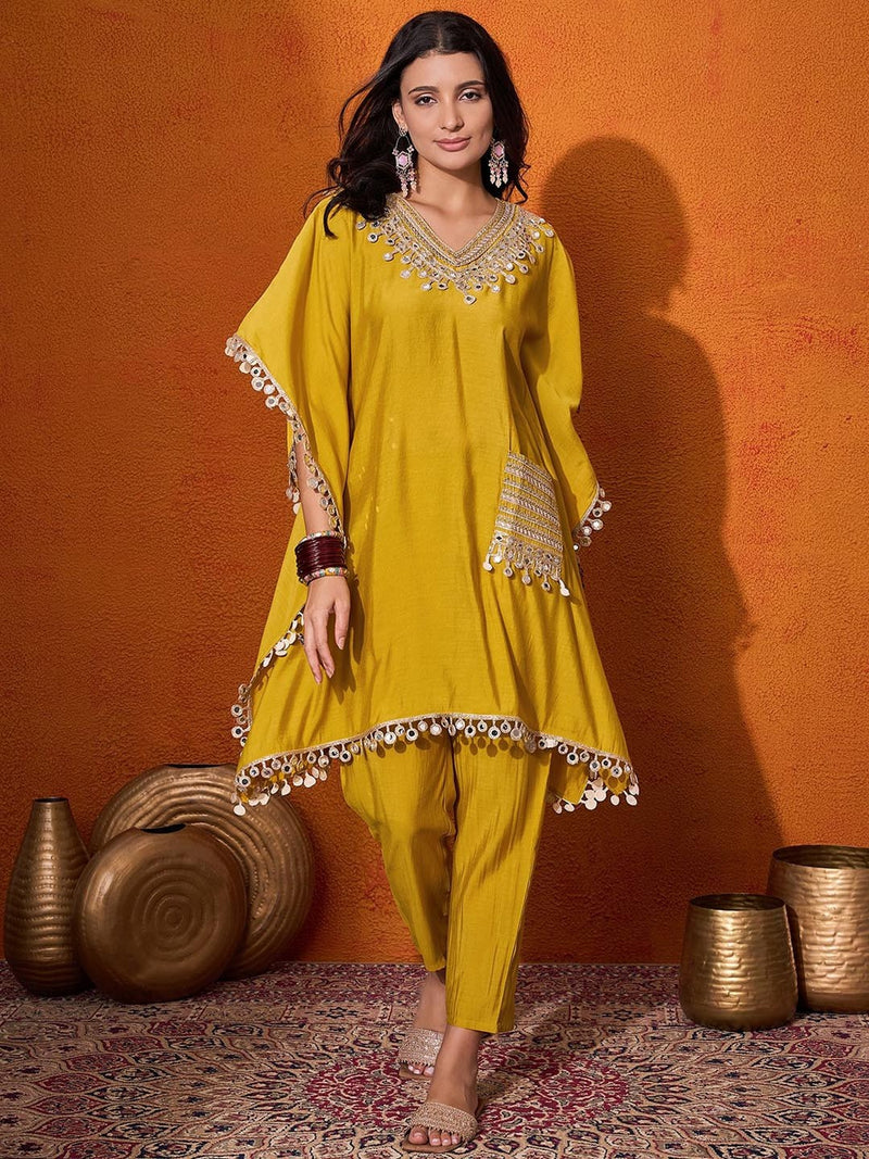 V-Neck Short Sleeves Regular Mirror Work A-Line Kaftan With Trouser