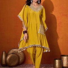 V-Neck Short Sleeves Regular Mirror Work A-Line Kaftan With Trouser