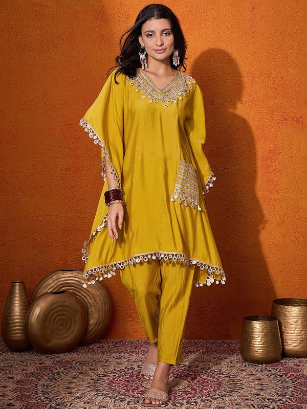 Silk blend mirror work kaftan set with trousers