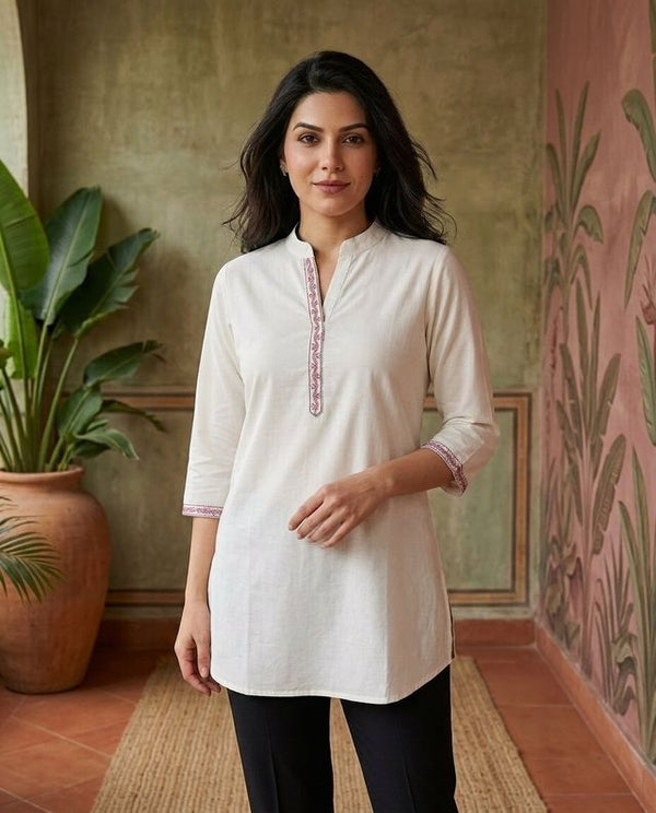 Black Floral Embroidered Straight Short Kurti