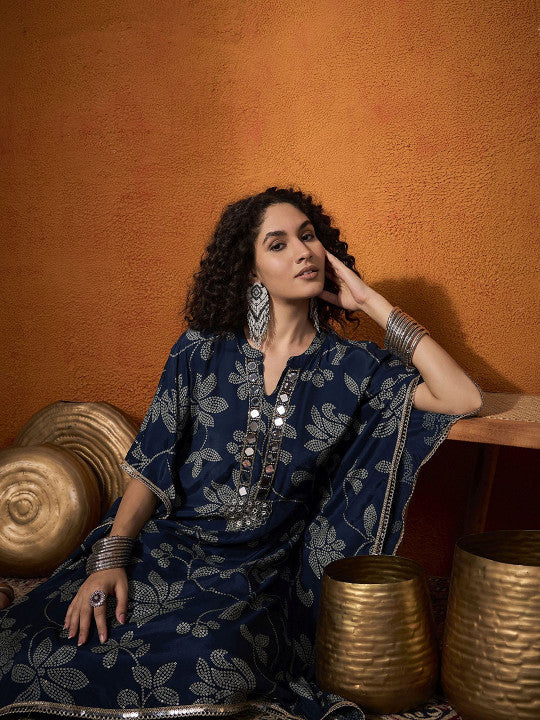 Floral Embroidered Regular Mirror Work Kaftan Kurta with Dhoti Pants