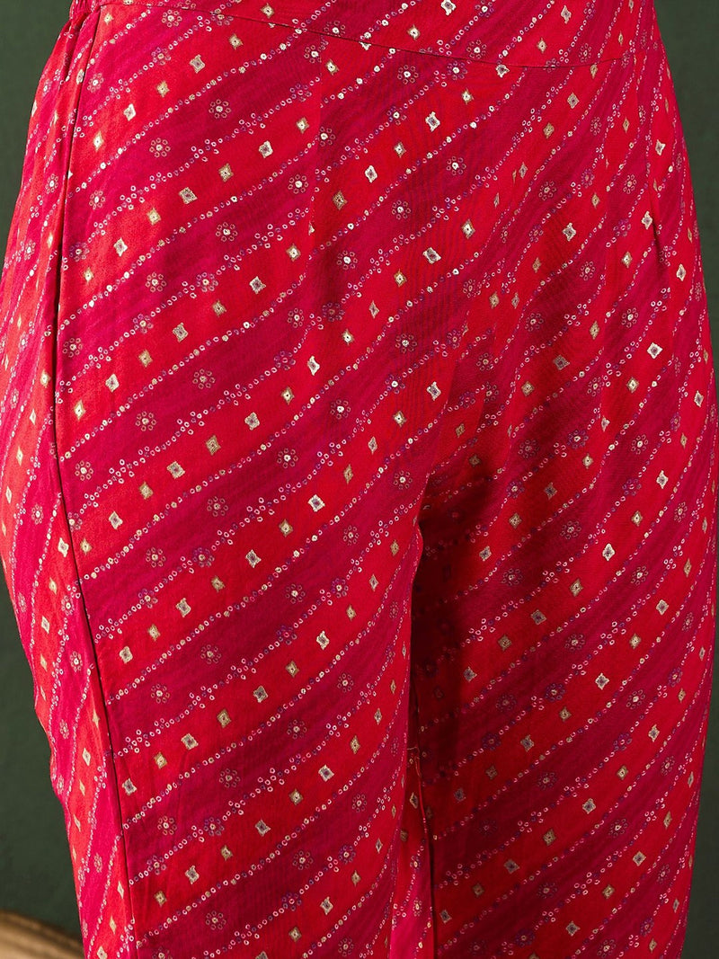 Red Bandhani Printed Regular Mirror Work Kaftan Kurta With Trouser