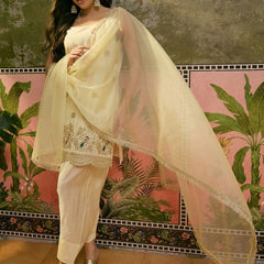 Off White Embroidered & Sequin Work Shoulder Straps  Kurta With Trouser & Dupatta Kurta Set