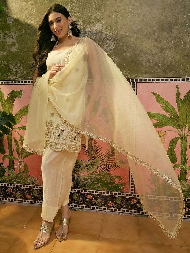 Off White Embroidered & Sequin Work Shoulder Straps  Kurta With Trouser & Dupatta Kurta Set