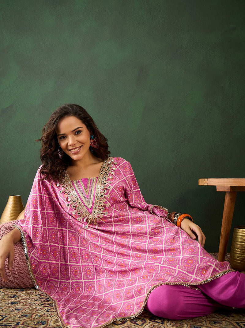 Bandhani Printed Gotta Patti Asymmetric Kaftan With Dhoti Pant