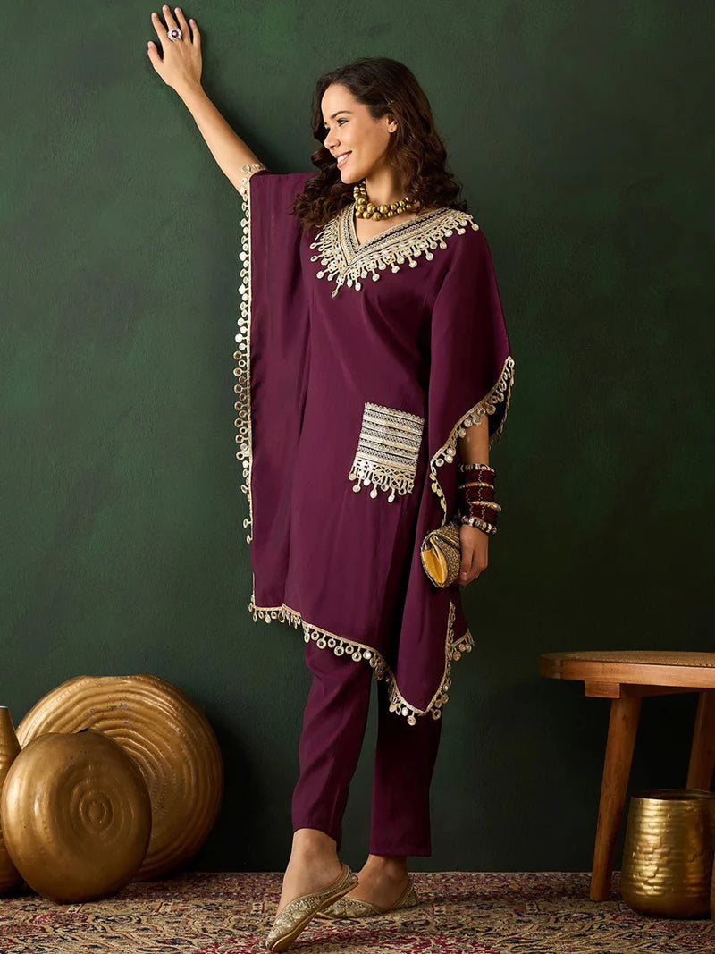 Embroidered  V-Neck Mirror work Kaftan With Trousers